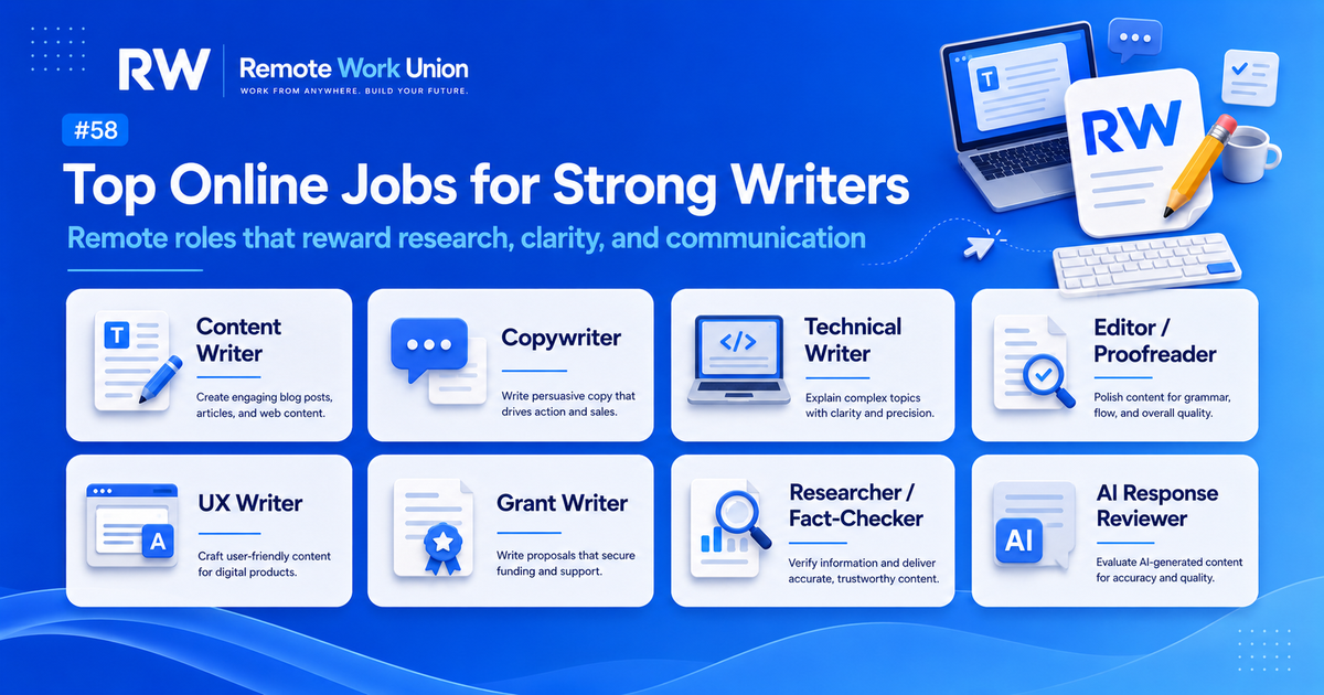 Top online jobs for strong writers: content writer, copywriter, technical writer, editor, UX writer, grant writer, researcher, AI response reviewer — Remote Work Union Article 58