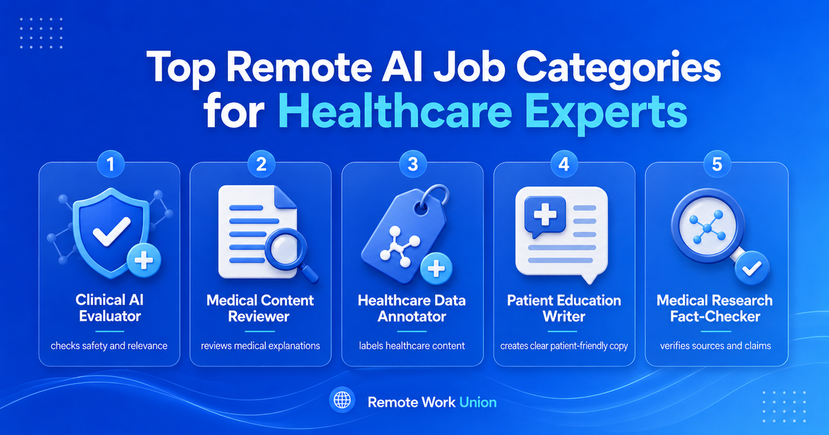 Top remote AI job categories for healthcare experts: clinical AI evaluator, medical content reviewer, healthcare data annotator, patient education writer, medical research fact-checker — Remote Work Union Article 62