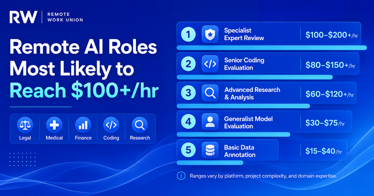 Infographic ranking remote AI roles most likely to reach $100/hr, including specialist expert review, coding evaluation, research, and data annotation