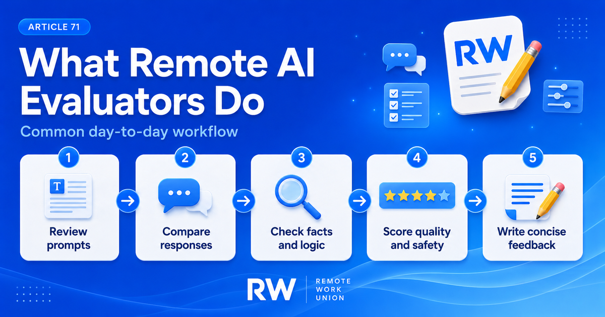 Five-step workflow showing what remote AI evaluators do: review prompts, compare responses, check facts, score quality, and write feedback — Remote Work Union Article 71