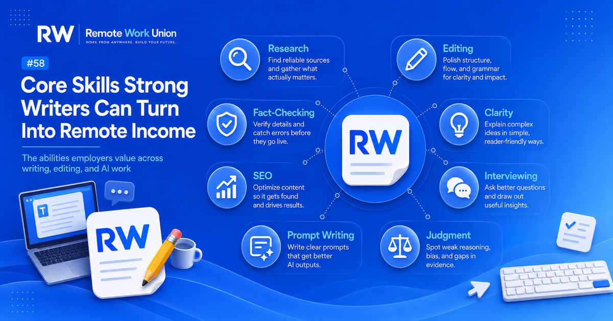Core skills strong writers can turn into remote income: research, editing, clarity, SEO, fact-checking, prompt writing, judgment — Remote Work Union Article 58