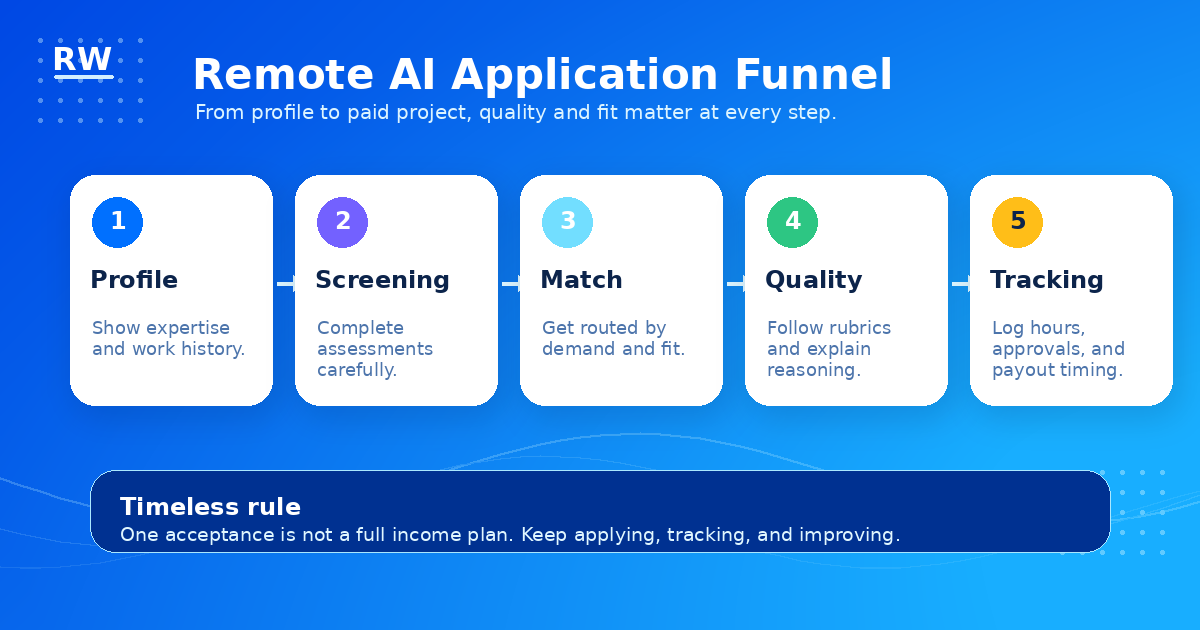 Remote AI work application funnel: profile, apply, screen, match, work, track. Apply broadly across platforms, then focus where expertise gets matched fastest.