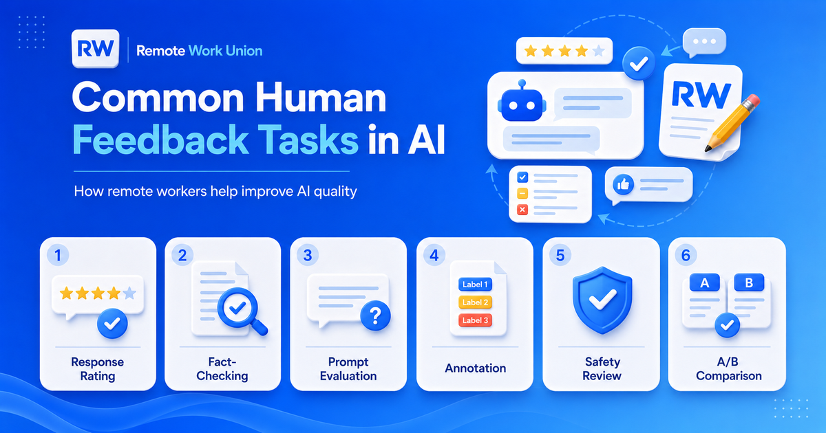Six common human feedback task types: response rating, fact-checking, prompt evaluation, annotation, safety review, and A/B comparison — Remote Work Union Article 78