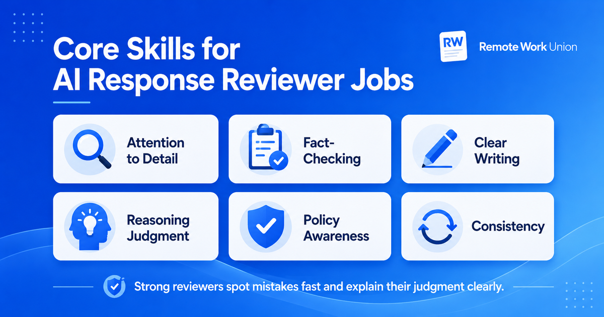 Six skill cards for AI response reviewers: attention to detail, fact-checking, clear writing, reasoning judgment, policy awareness, and consistency — Remote Work Union Article 75