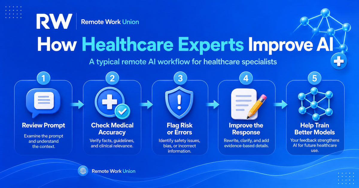 Five-step workflow showing how healthcare experts review prompts, check accuracy, flag errors, improve responses, and train better AI models — Remote Work Union Article 62
