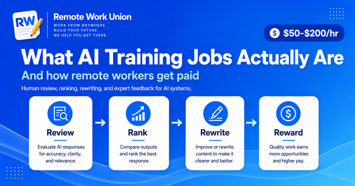 Remote Work Union graphic explaining what AI training jobs are and how remote workers get paid