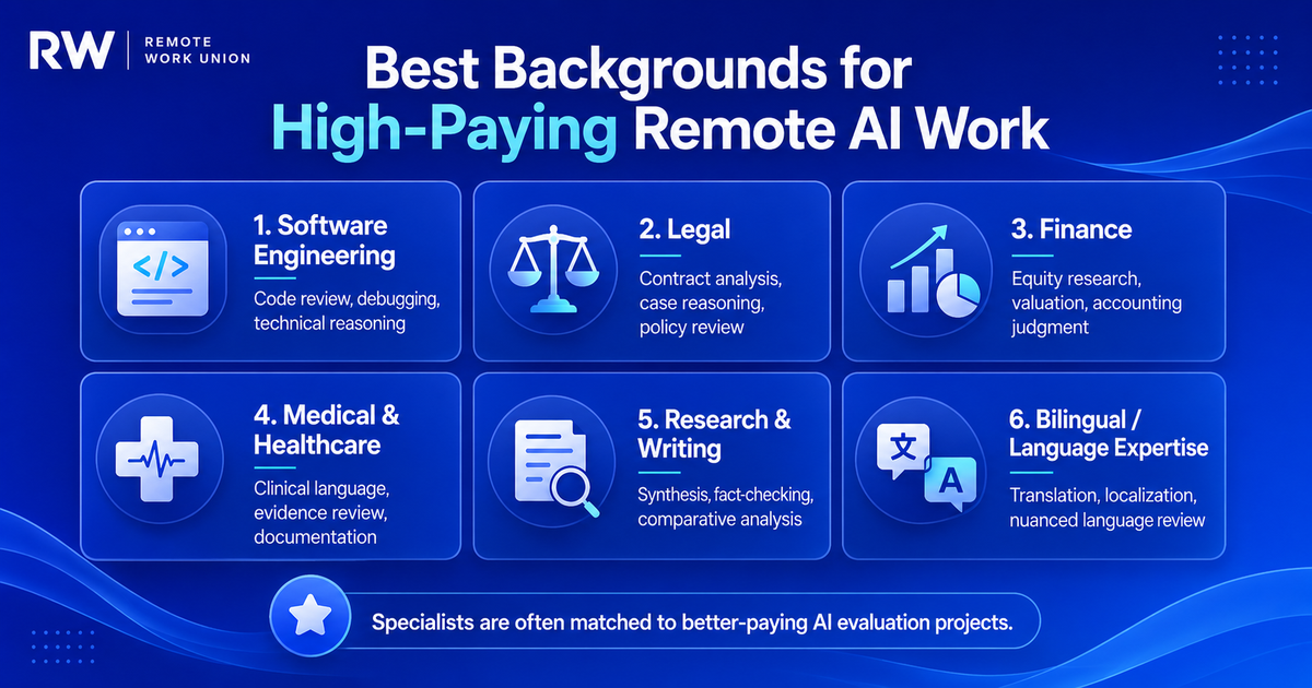 Infographic showing backgrounds for high-paying remote AI work, including software engineering, legal, finance, medical, research and writing, and bilingual language expertise