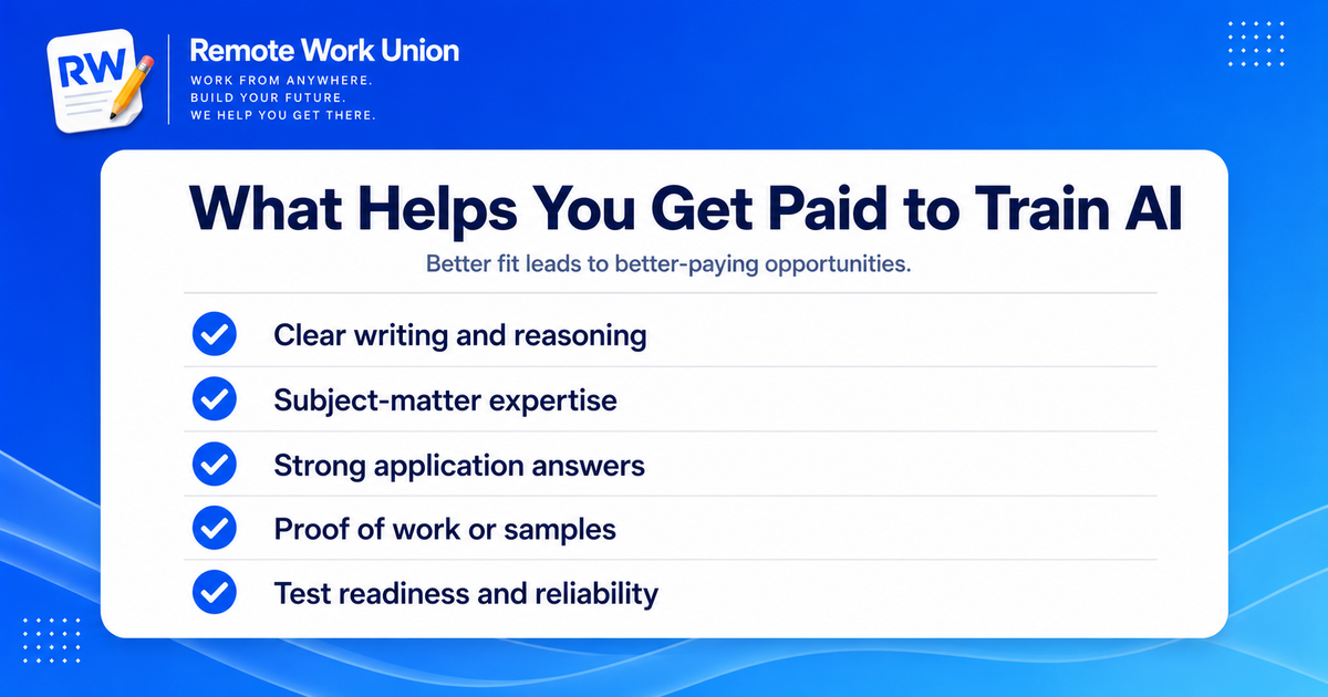 Checklist graphic showing what helps applicants qualify for better-paying AI training opportunities