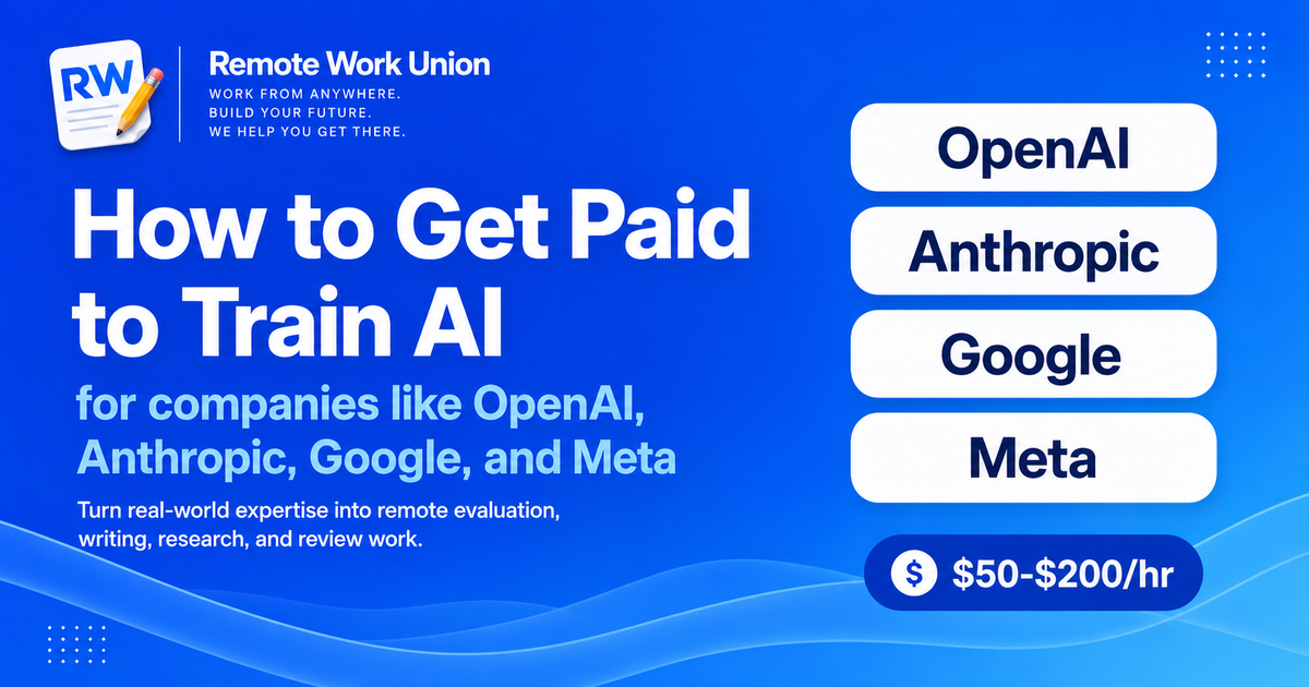 Remote Work Union graphic about getting paid to train AI for companies like OpenAI, Anthropic, Google, and Meta