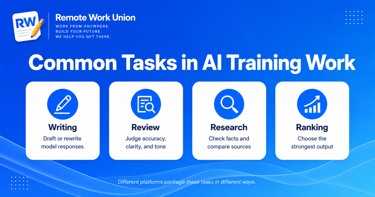 Infographic showing common writing, review, research, and ranking tasks in AI training work
