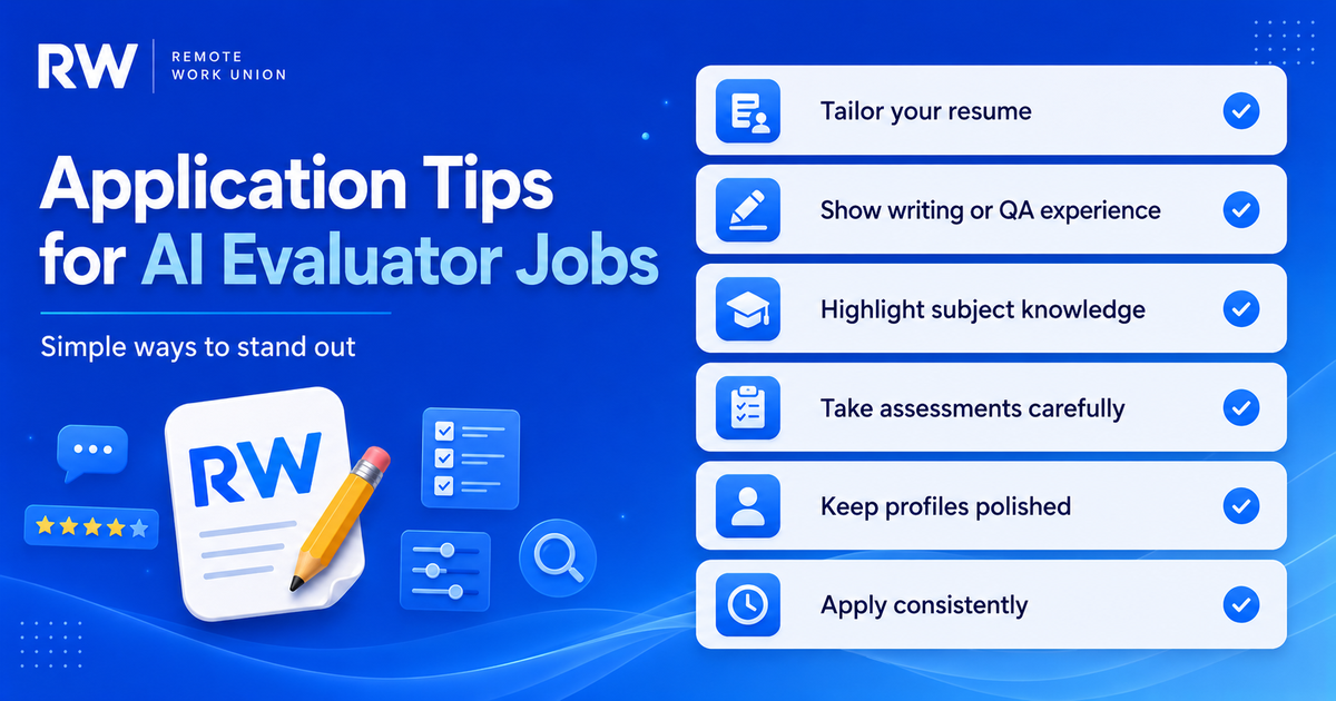 Application checklist for AI evaluator jobs: tailored resume, writing samples, subject knowledge, slow assessments, and consistent profiles — Remote Work Union Article 71