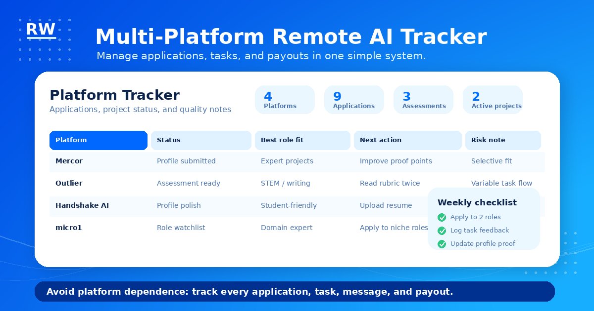 Multi-platform tracker for managing applications and progress across Mercor, Outlier, Handshake AI, and micro1 remote AI training platforms.