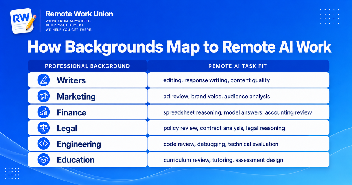 Infographic mapping different professional backgrounds to remote AI task categories
