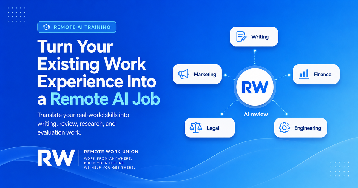 Remote Work Union graphic about turning existing work experience into a remote AI training job
