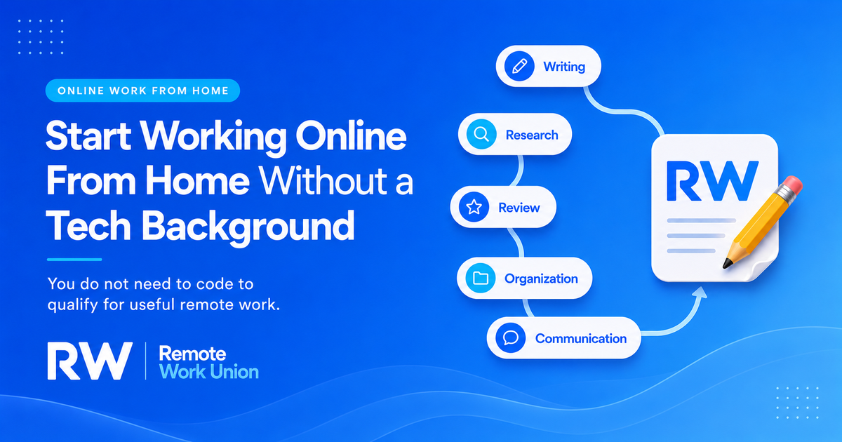 Remote Work Union graphic about starting to work online from home without a tech background