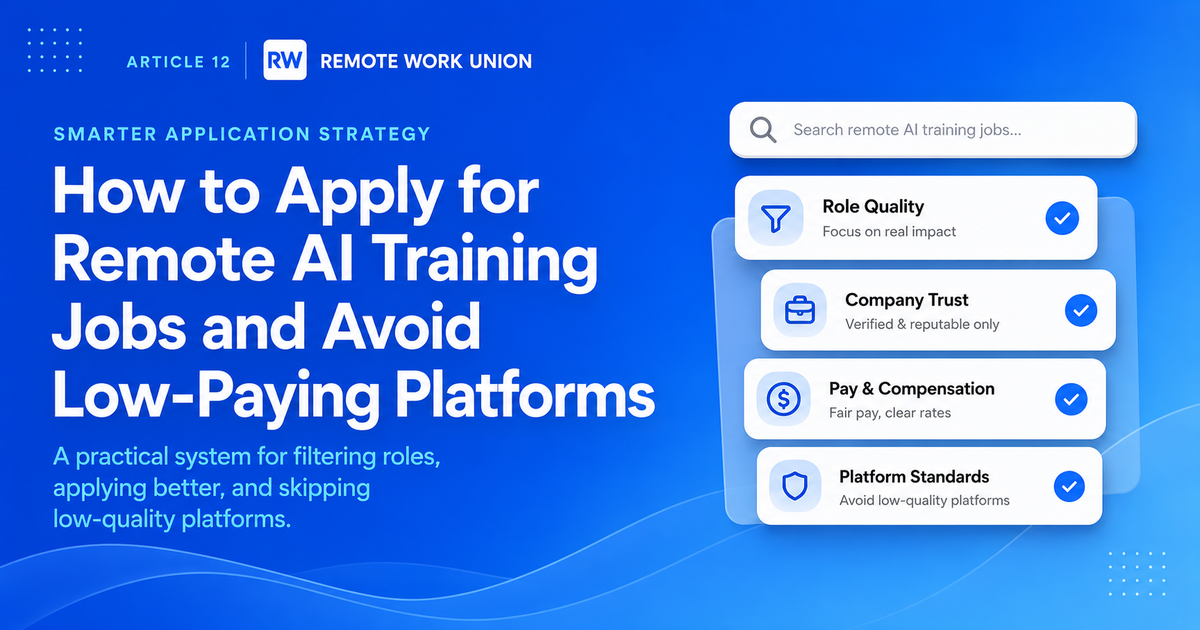 Remote Work Union graphic about applying for remote AI training jobs and avoiding low-paying platforms