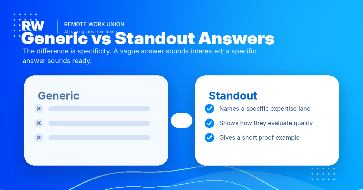 Side-by-side comparison of generic vs standout application answers — standout names expertise, shows judgment, gives proof