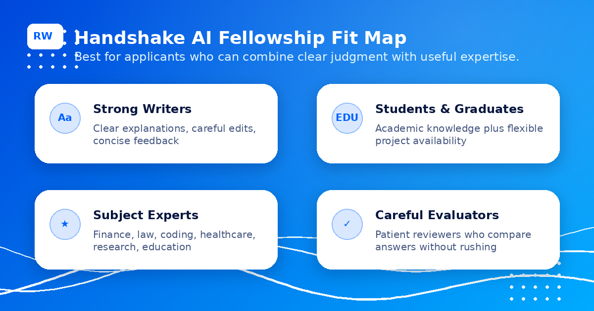 Fit map showing which backgrounds are strongest for the Handshake AI Fellowship including writers, students, domain experts, and researchers — Remote Work Union