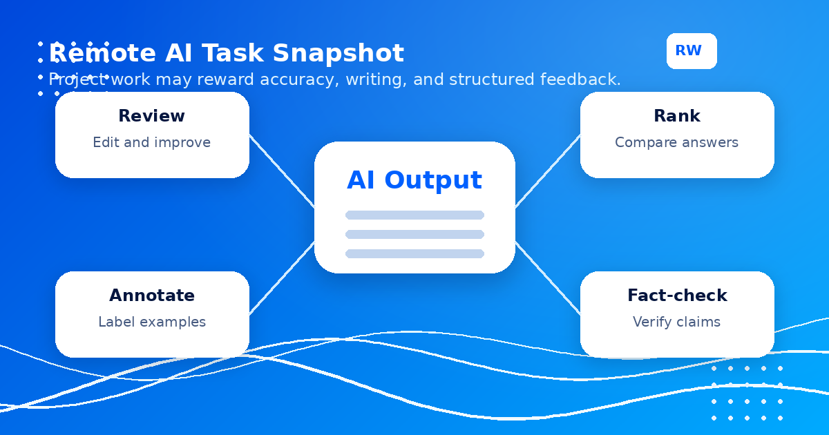Task snapshot showing common Handshake AI Fellowship work types including response evaluation, annotation, writing feedback, and expert review — Remote Work Union