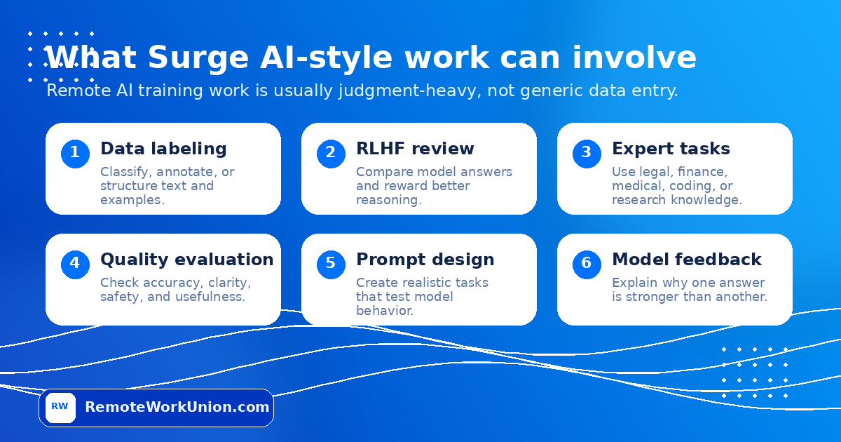 Cards showing Surge AI work types including data labeling, RLHF review, expert tasks, quality evaluation, prompt design, and model feedback — Remote Work Union