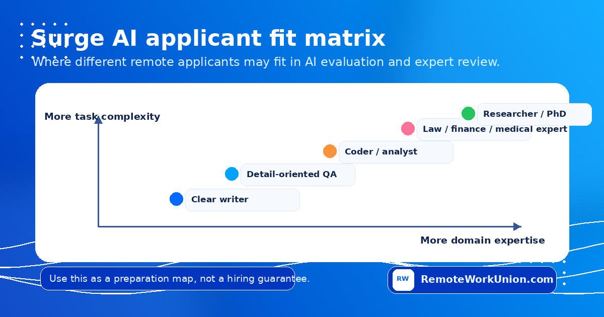 Matrix showing how writers, QA reviewers, coders, analysts, domain experts, and researchers may fit different Surge AI training roles — Remote Work Union