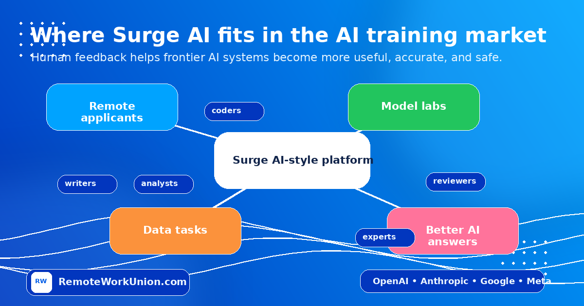 Ecosystem diagram showing remote applicants, data tasks, AI training platforms including Surge AI, model labs, and better AI answers — Remote Work Union