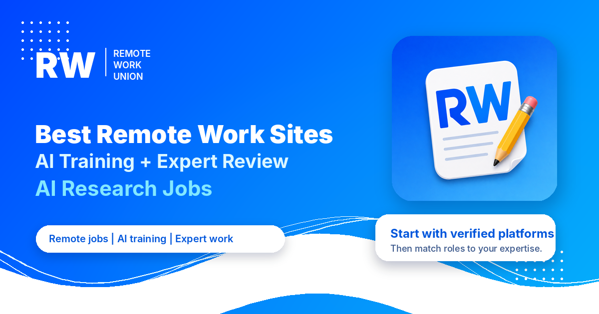 Remote Work Union graphic for the best remote work sites for AI training, expert review, and AI research