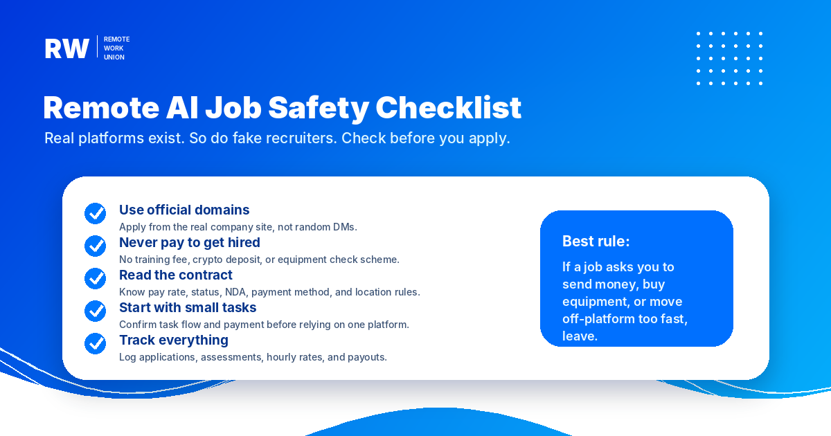 Checklist for safely applying to remote AI jobs and avoiding fake recruiters.