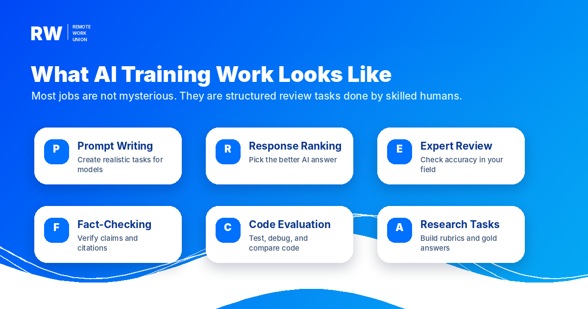 Examples of AI training work types including prompt writing, response ranking, expert review, fact-checking, code evaluation, and research tasks.
