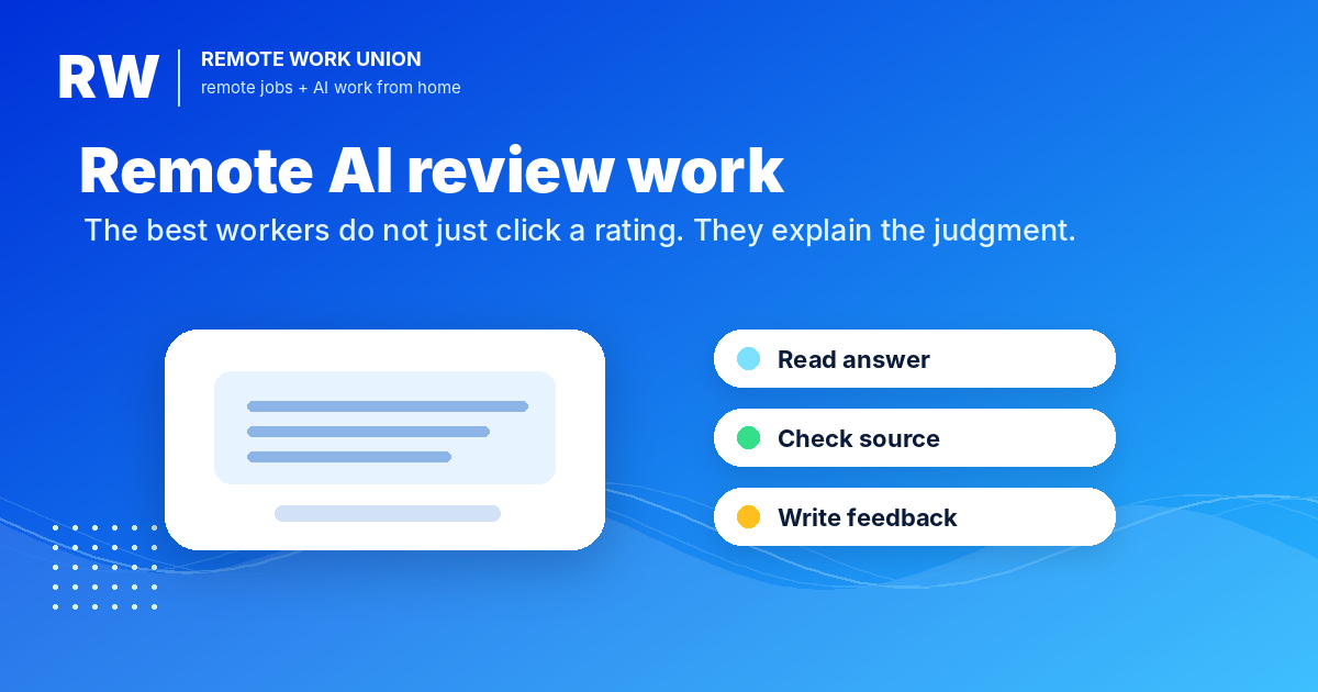 Remote AI review work: read answer, check source, write feedback — the best workers explain the judgment.