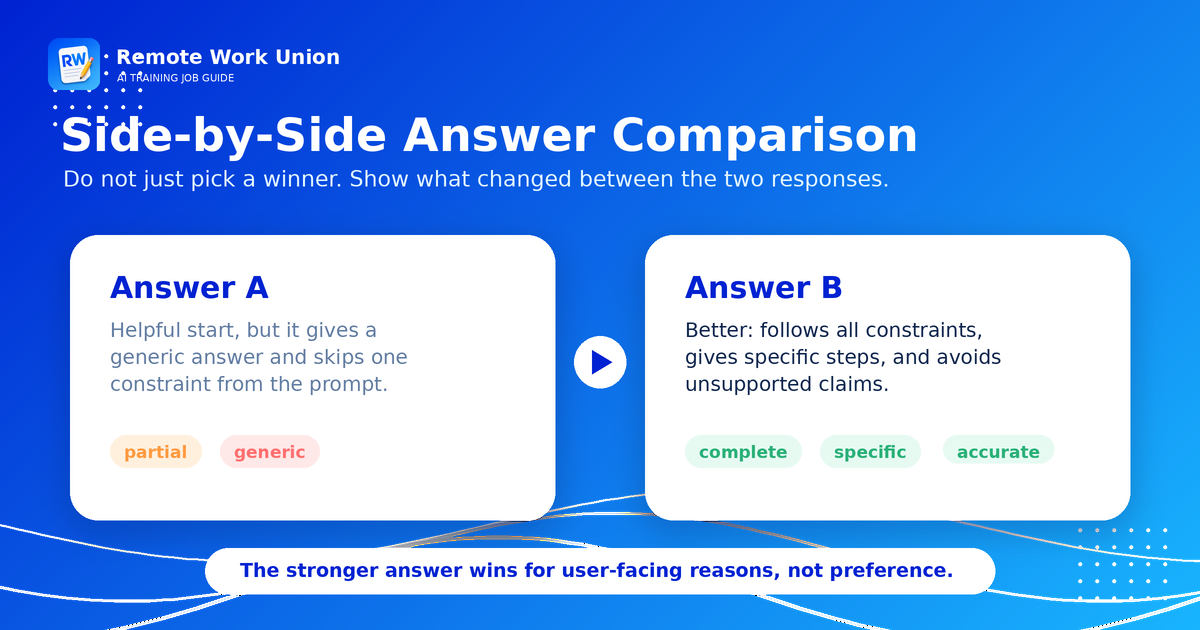 Side-by-side comparison of Answer A and Answer B showing why one AI response is more complete, specific, and accurate — Remote Work Union Article 181