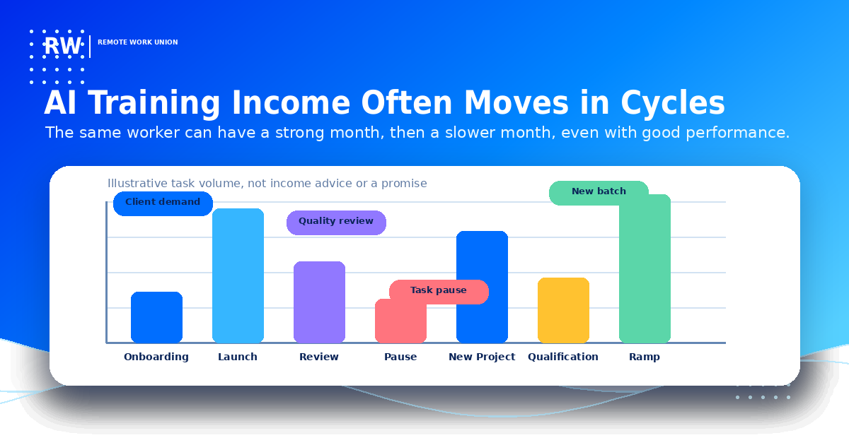 Monthly AI training income swing chart showing peaks and slowdowns — Remote Work Union Article 193