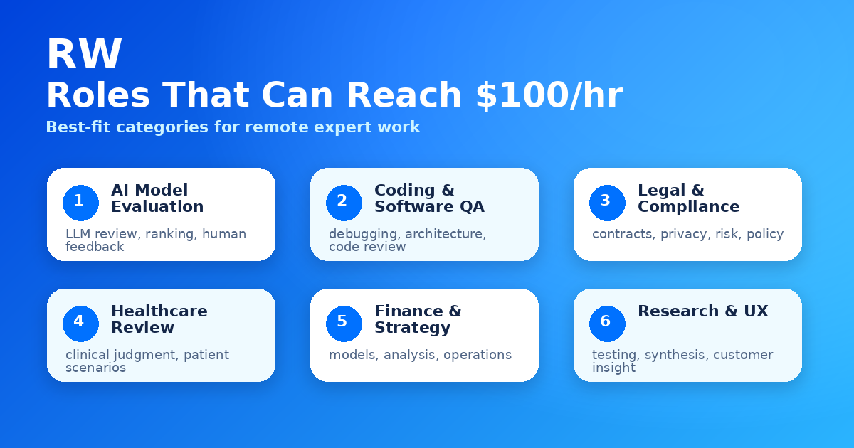 Eight remote work job categories that can reach $100/hour: AI evaluation, software review, legal, healthcare, finance, research, technical writing, and consulting — Remote Work Union Article 219