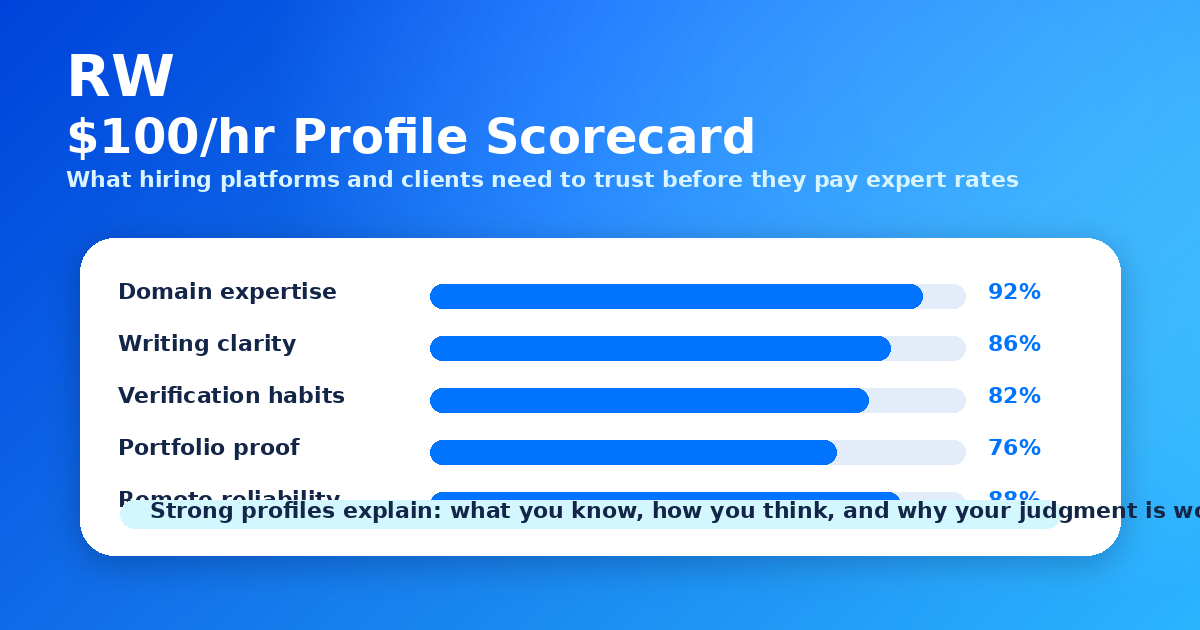 Remote work profile scorecard for $100/hr positioning: domain strength, task clarity, proof of credentials, and application quality — Remote Work Union Article 219
