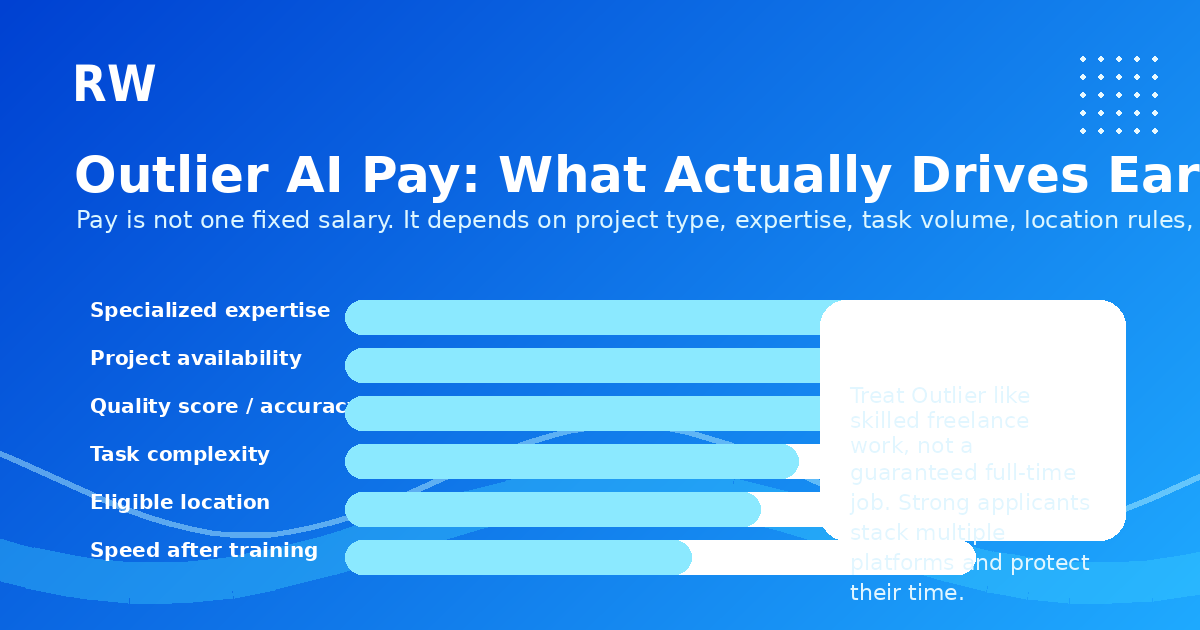 Outlier AI pay reality: what actually drives earnings — specialized expertise, project availability, quality score, task complexity, eligible location, and speed after training.