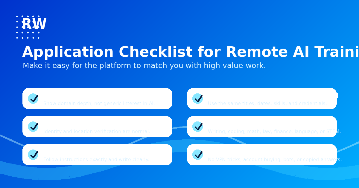 Application checklist for remote AI training: show domain depth, use same titles and credentials, identity and location verification are normal, choose writing or coding or STEM specialty, follow instructions exactly, no VPN tricks or account buying.
