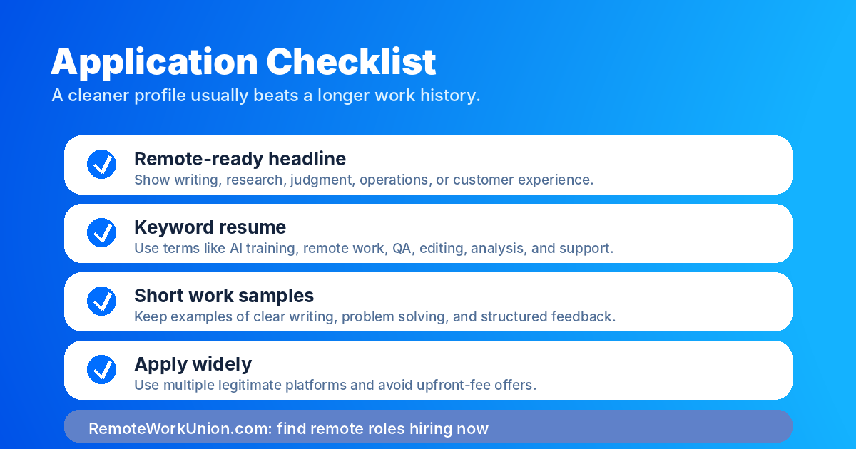 Application checklist for building a remote-ready profile, keyword resume, work samples, and multi-platform pipeline — Remote Work Union