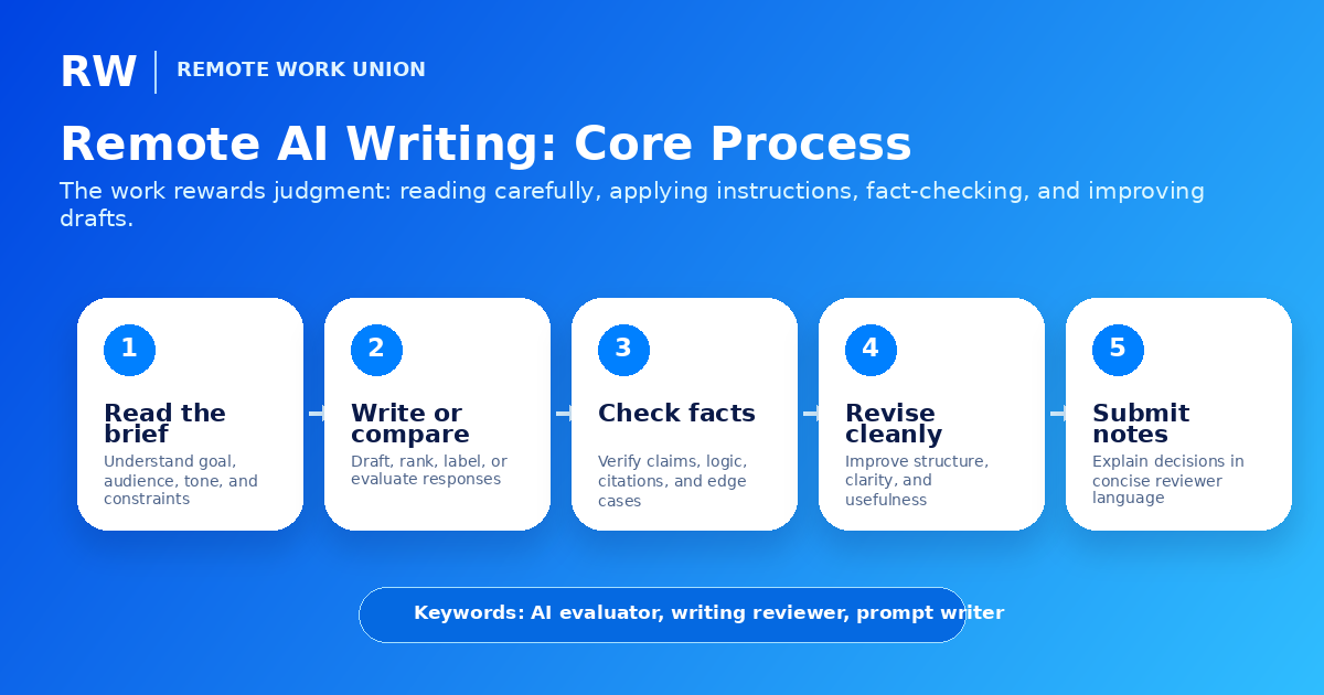 Five-step workflow for remote AI writing review from reading the prompt to submitting the rating