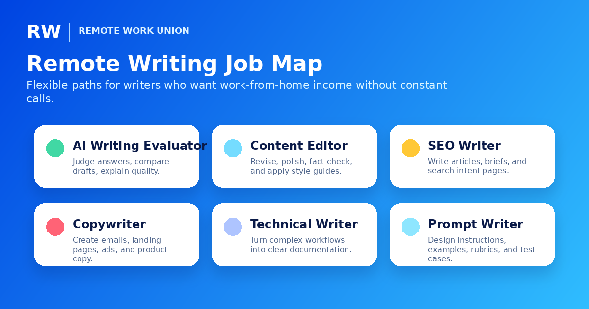 Remote writing job map showing six flexible paths including AI evaluation, SEO, copywriting, and technical writing