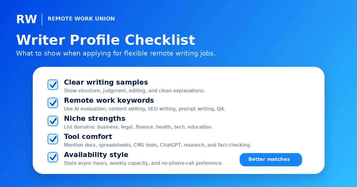 Writer profile checklist for applying to flexible remote writing and AI training jobs