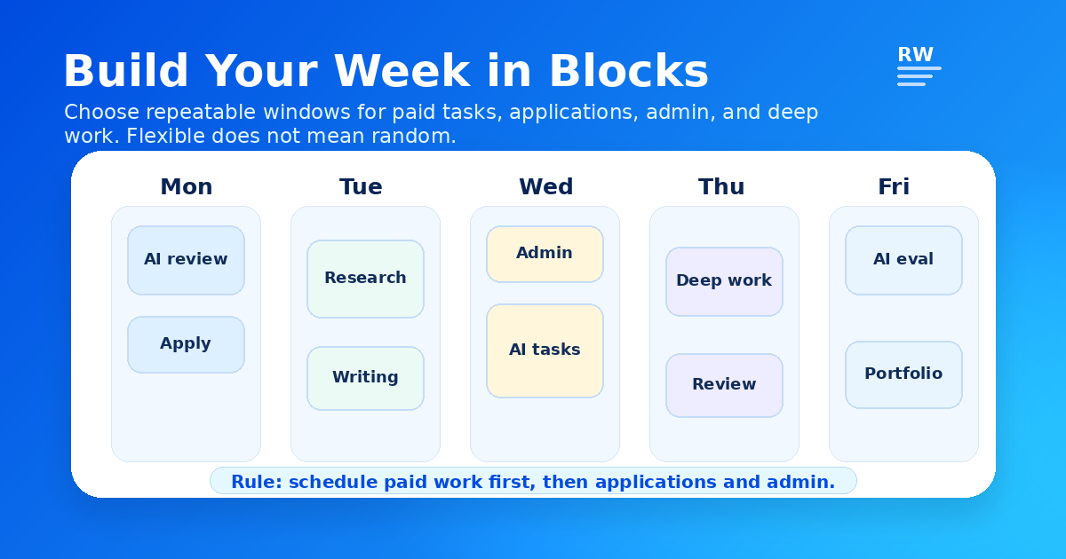 Weekly calendar blocks showing how to organize flexible remote AI training and writing work around your life