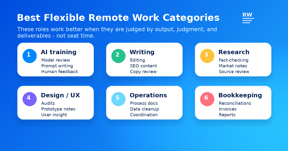 Cards showing AI training, writing, research, design, operations, and bookkeeping as flexible remote work categories