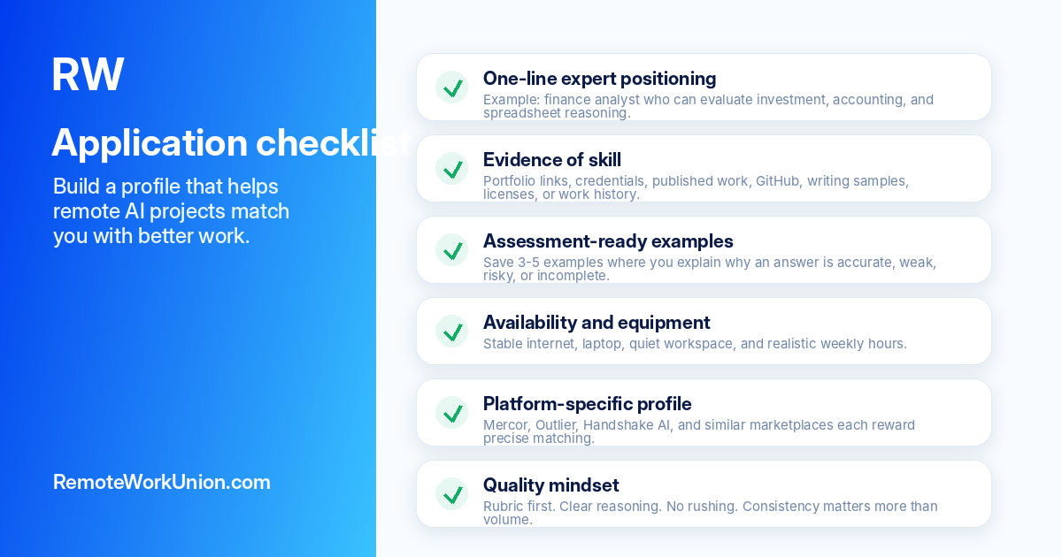 Remote AI Training Application Checklist — Build a profile that helps remote AI projects match you with better work. Six items: One-line expert positioning, Evidence of skill, Assessment-ready examples, Availability and equipment, Platform-specific profile, Quality mindset.