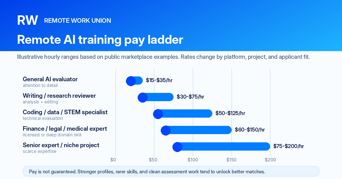 Remote AI Training Pay Ladder — General AI evaluator (attention to detail): $15-$35/hr. Writing and research reviewer (analysis and editing): $30-$75/hr. Coding, data, and STEM specialist (technical evaluation): $50-$125/hr. Finance, legal, and medical expert (licensed or deep domain skill): $60-$150/hr. Senior expert or niche project (scarce expertise): $75-$200/hr. Pay is not guaranteed — stronger profiles, rarer skills, and clean assessment work tend to unlock better matches.