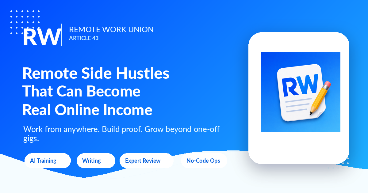 Remote Work Union graphic for remote side hustles that can become real online income — Article 43