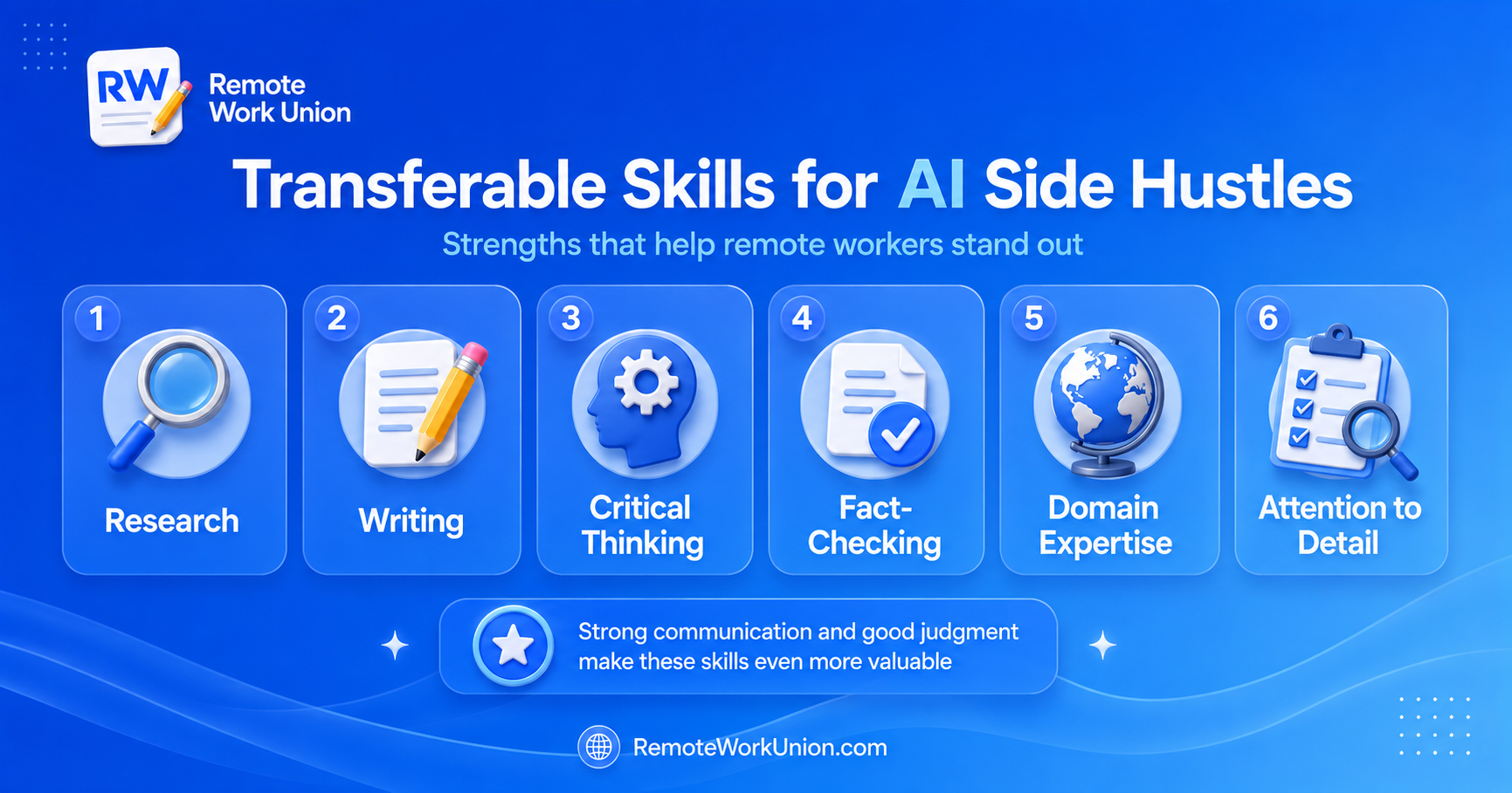 Transferable skills for AI side hustles: writing, domain expertise, research, judgment, consistency — Remote Work Union Article 56