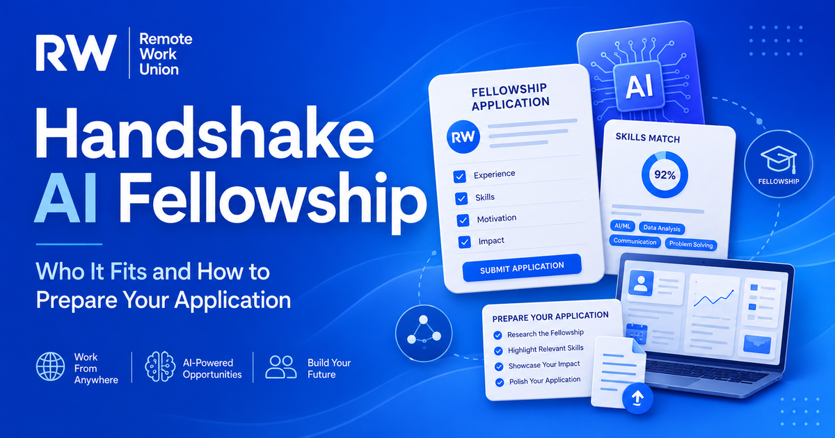 Remote Work Union graphic for the Handshake AI Fellowship application guide with checklist cards, AI icons, and application preparation elements.