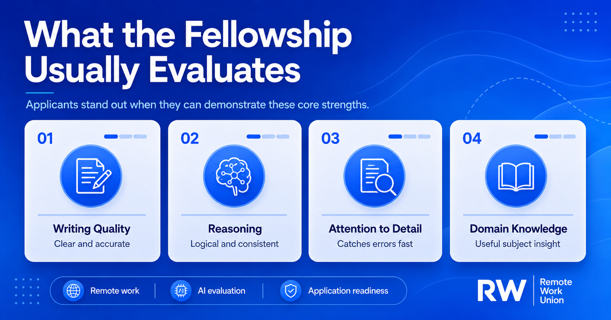 Infographic showing core evaluation areas for an AI fellowship application: writing quality, reasoning, attention to detail, and domain knowledge.