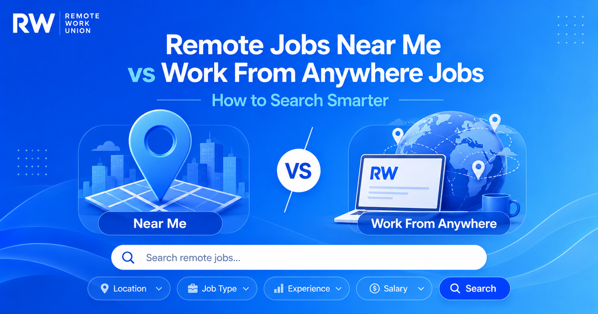 Remote Work Union graphic comparing remote jobs near me with work from anywhere jobs.