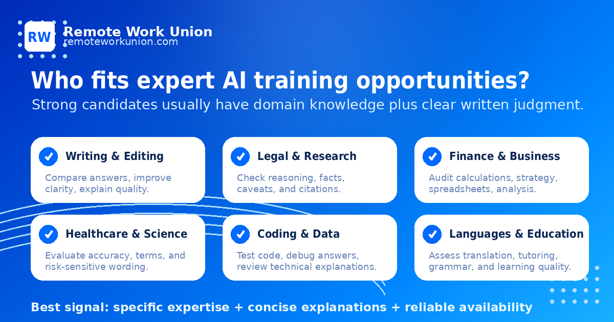 Domain fit graphic showing which professional backgrounds fit micro1 expert AI training opportunities — Remote Work Union